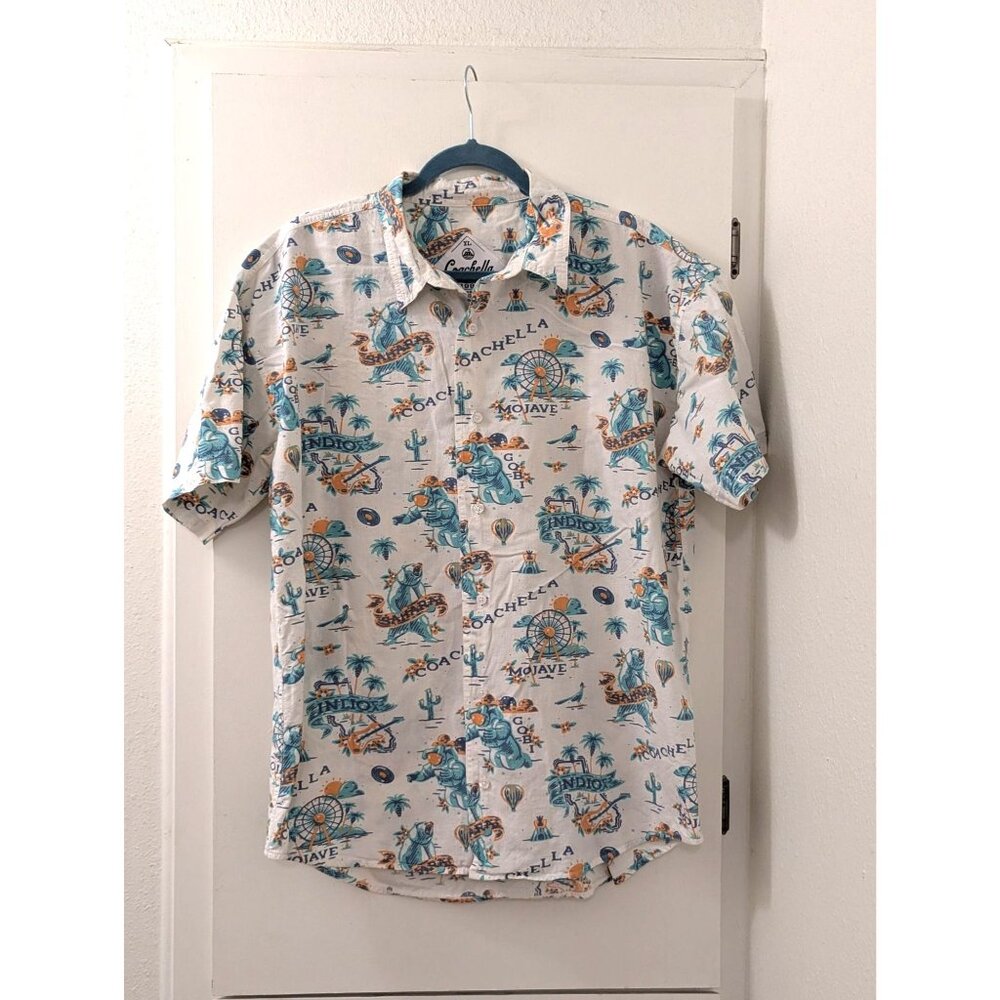 Coachella Mens XL White Short Sleeve Button-Up Shirt With Festival Print 100%